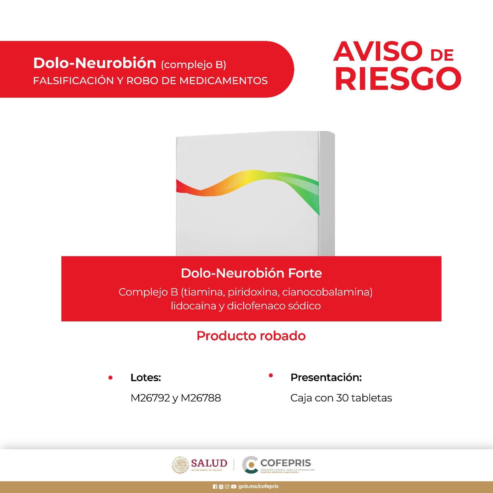 Alerta Cofepris por robo y falsificación de Dolo-Neurobión Forte