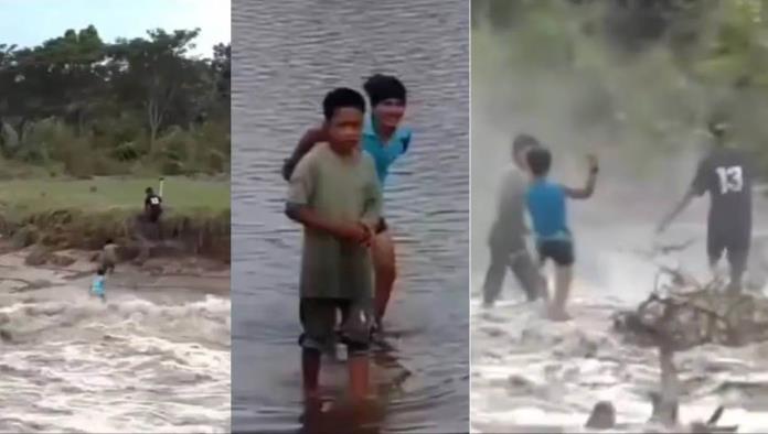 Niños cruzan Río Santa Catarina pese a tormenta Alberto y se viralizan