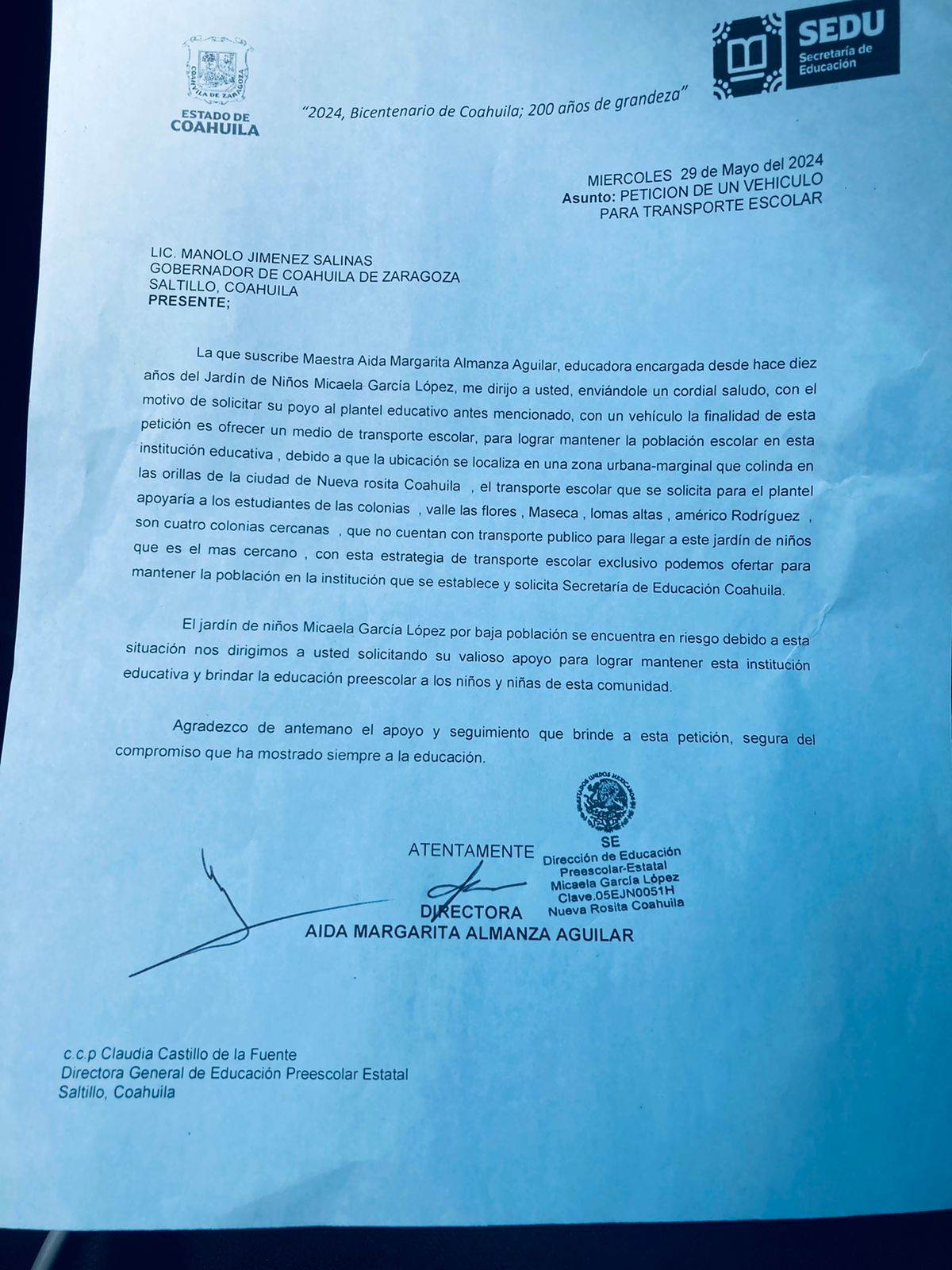 Luchando por un Transporte Escolar para Jardín de Niños en Nueva Rosita