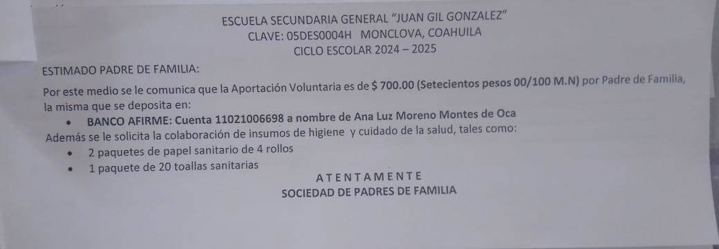 Piden en secundaria de Monclova la cantidad de 700 pesos como cuota voluntaria.