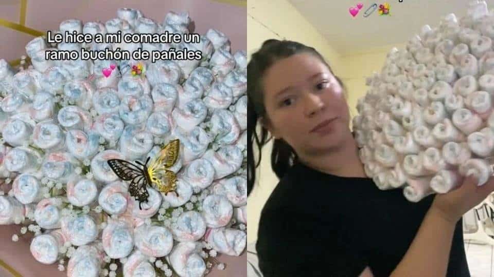 Critican a mujer por hacerle un ramo buchón de pañales a su comadre