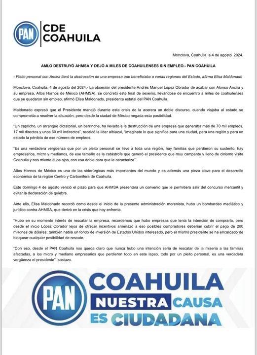 AMLO destruyo AHMSA y a miles de familias: PAN Coahuila.