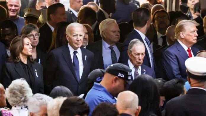 Kamala Harris y Donald Trump se saludan durante ceremonia por aniversario del 11-S