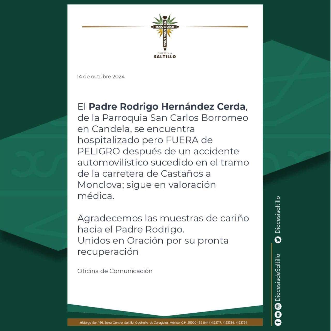 Padre Rodrigo Hernández Se Recupera Después De Accidente Automovilístico