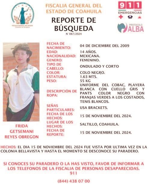 Frida ‘N’, una adolescente de 14 años reportada como desaparecida el pasado 15 de noviembre, fue localizada sana y salva.