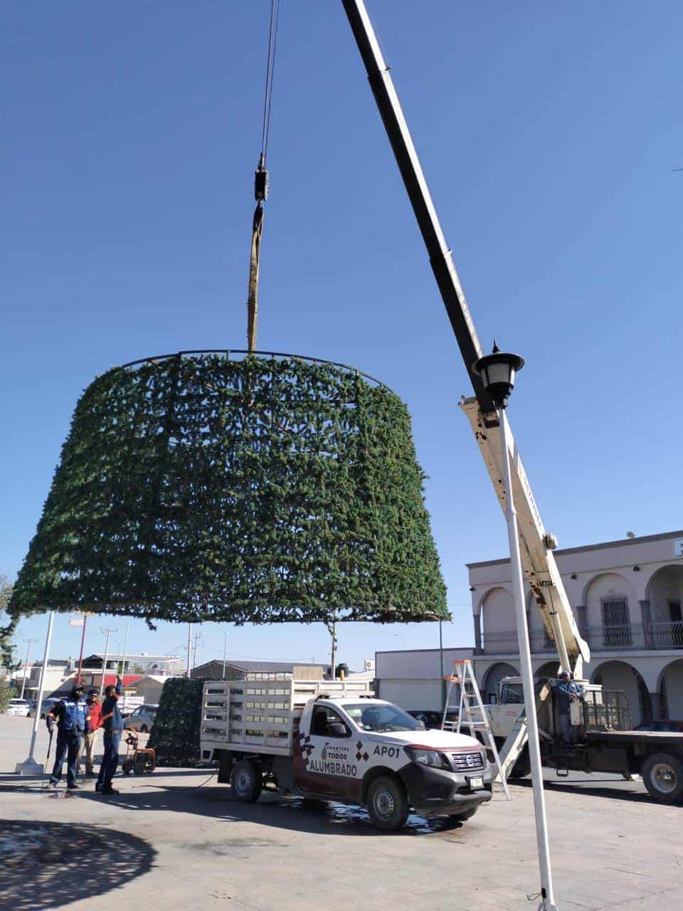 En Frontera se empezó a colocar el Gran Pino navideño en la plaza principal.