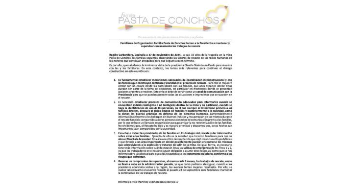 Organización Familia Pasta de Conchos emite comunicado a Claudia Sheinbaum