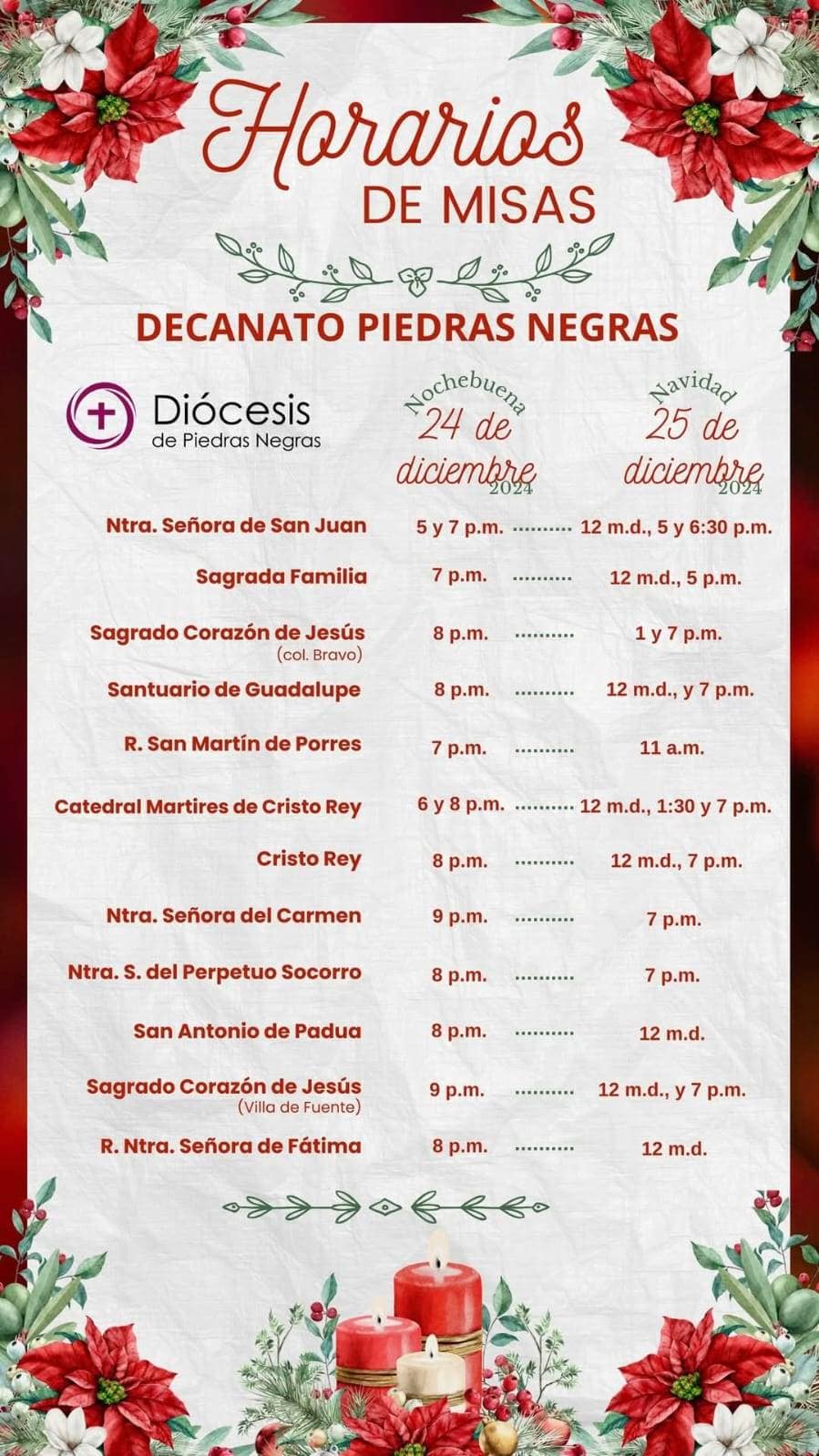 Misas Especiales para la Noche Buena y Navidad en la Diócesis de Piedras Negras