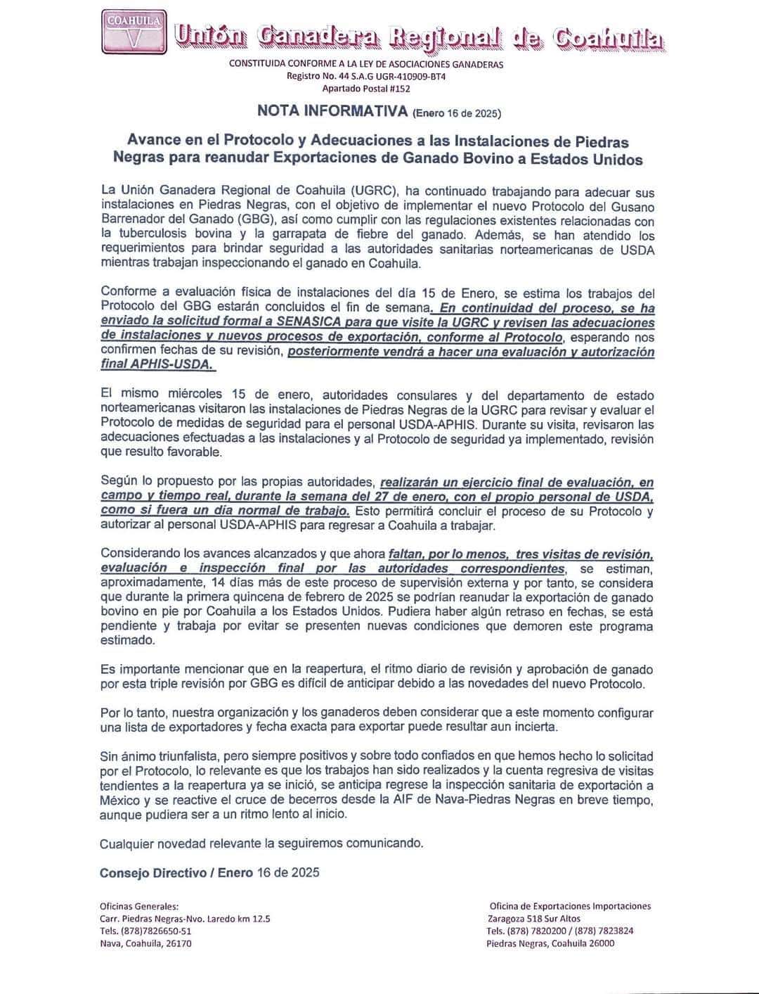 Avanza Protocolo para Reanudar Exportaciones de Ganado a EE. UU.