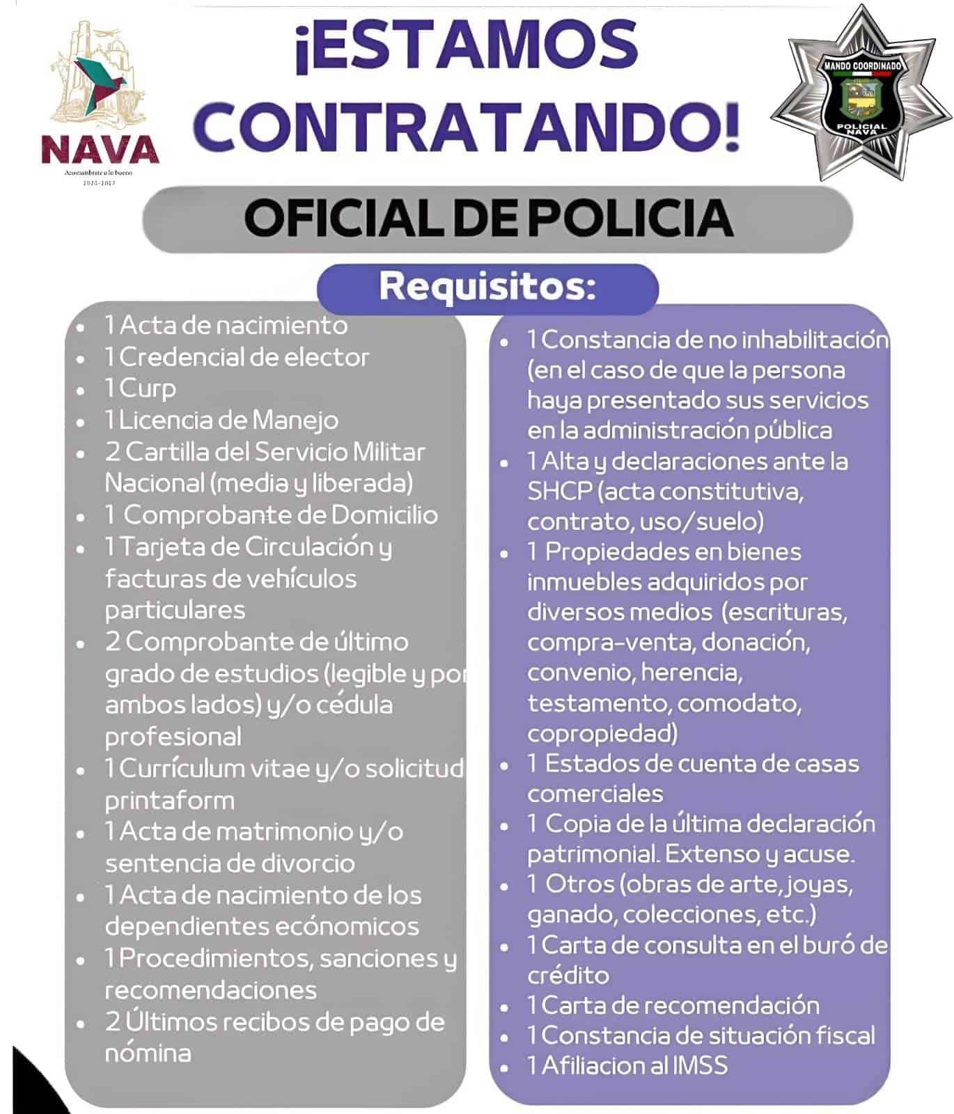 Convocan a integrarse como oficiales de policía en Nava