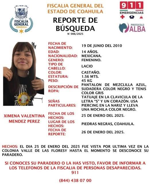 Activan búsqueda de menor desaparecida en Piedras Negras 