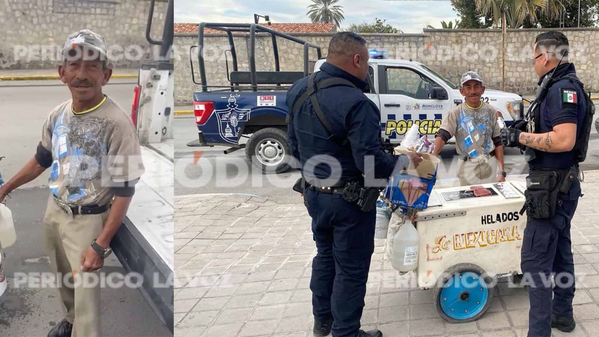 Policías de Monclova ayudan a vendedor de helados tras percance con su carrito