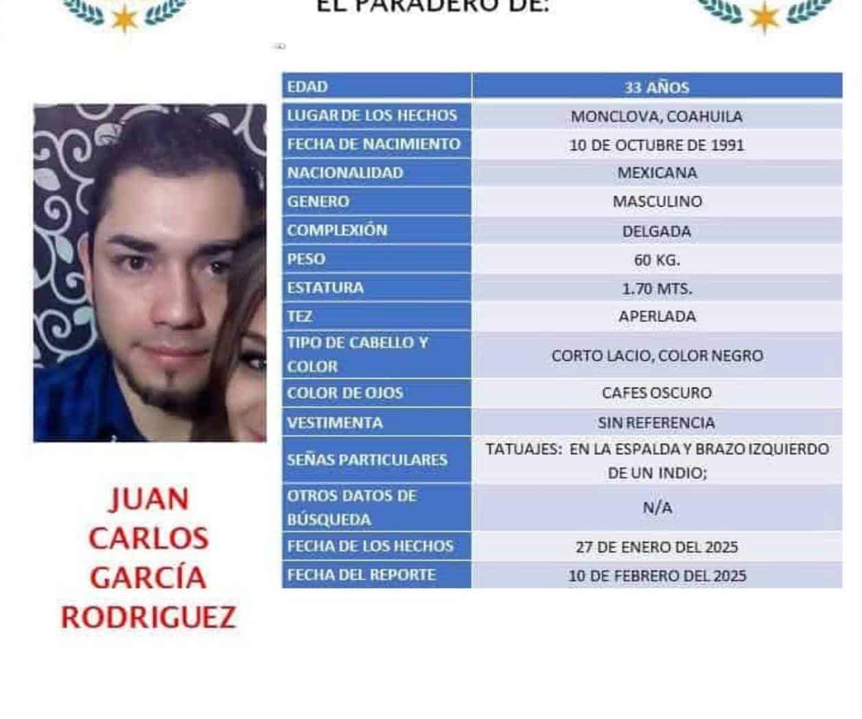 Urgente: Se Busca a Juan Carlos García Rodríguez, Desaparecido Desde el 27 de Enero