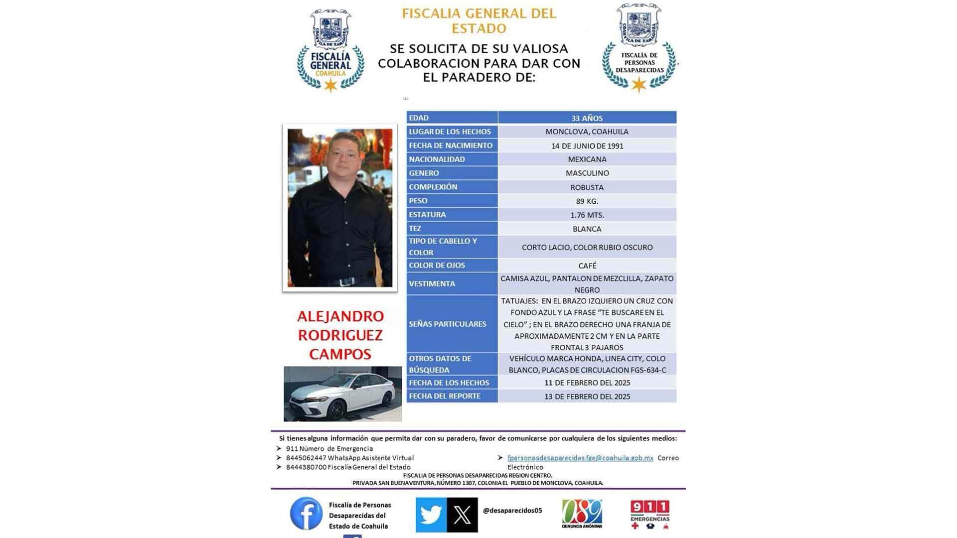 Siguen buscando a Alejandro Rodríguez Campos.