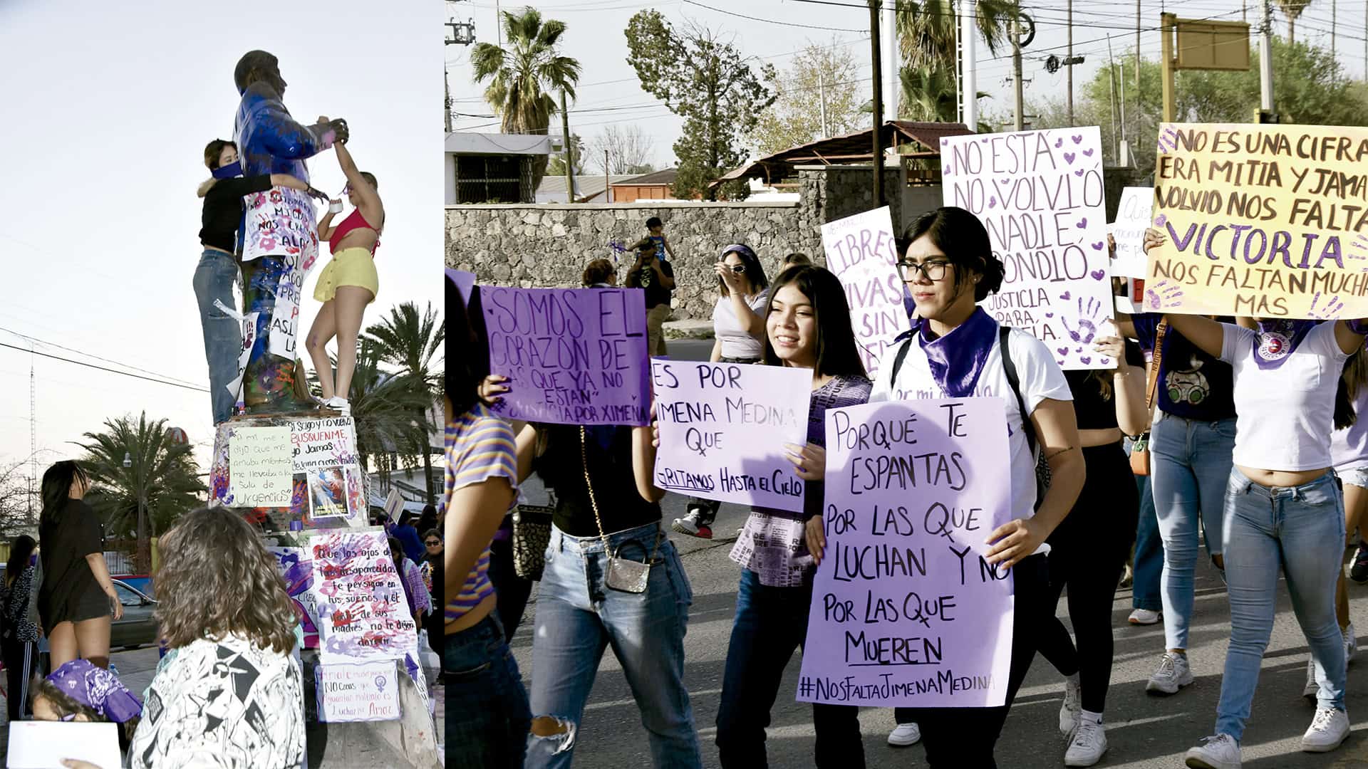 Las mujeres treparon sobre los monumentos sin considerar el riesgo de sufrir una caída.