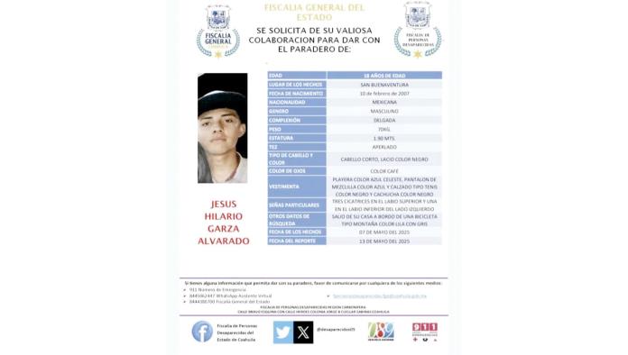 Familia de Jesús Hilario pide ayuda para localizarlo tras su desaparición en San Buena