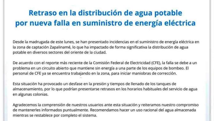 Quedarán sin agua por falla eléctrica