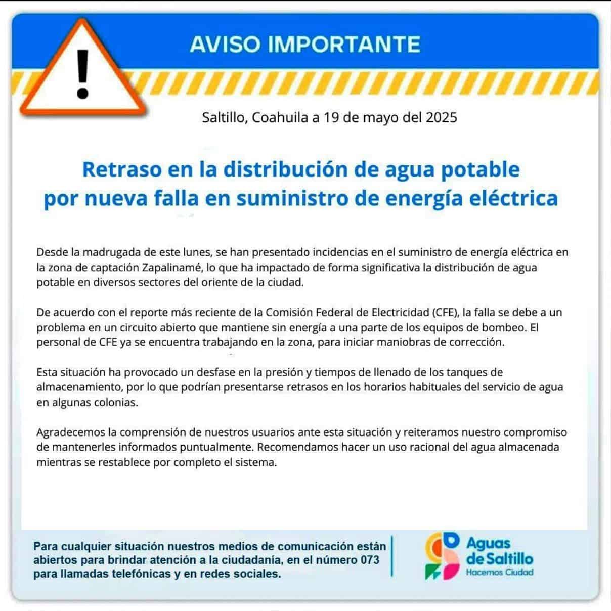 Quedarán sin agua por falla eléctrica Quedarán sin agua por falla eléctrica