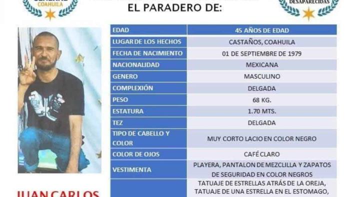 Buscan a Juan Carlos Fuentes Hernández, desaparecido en Castaños