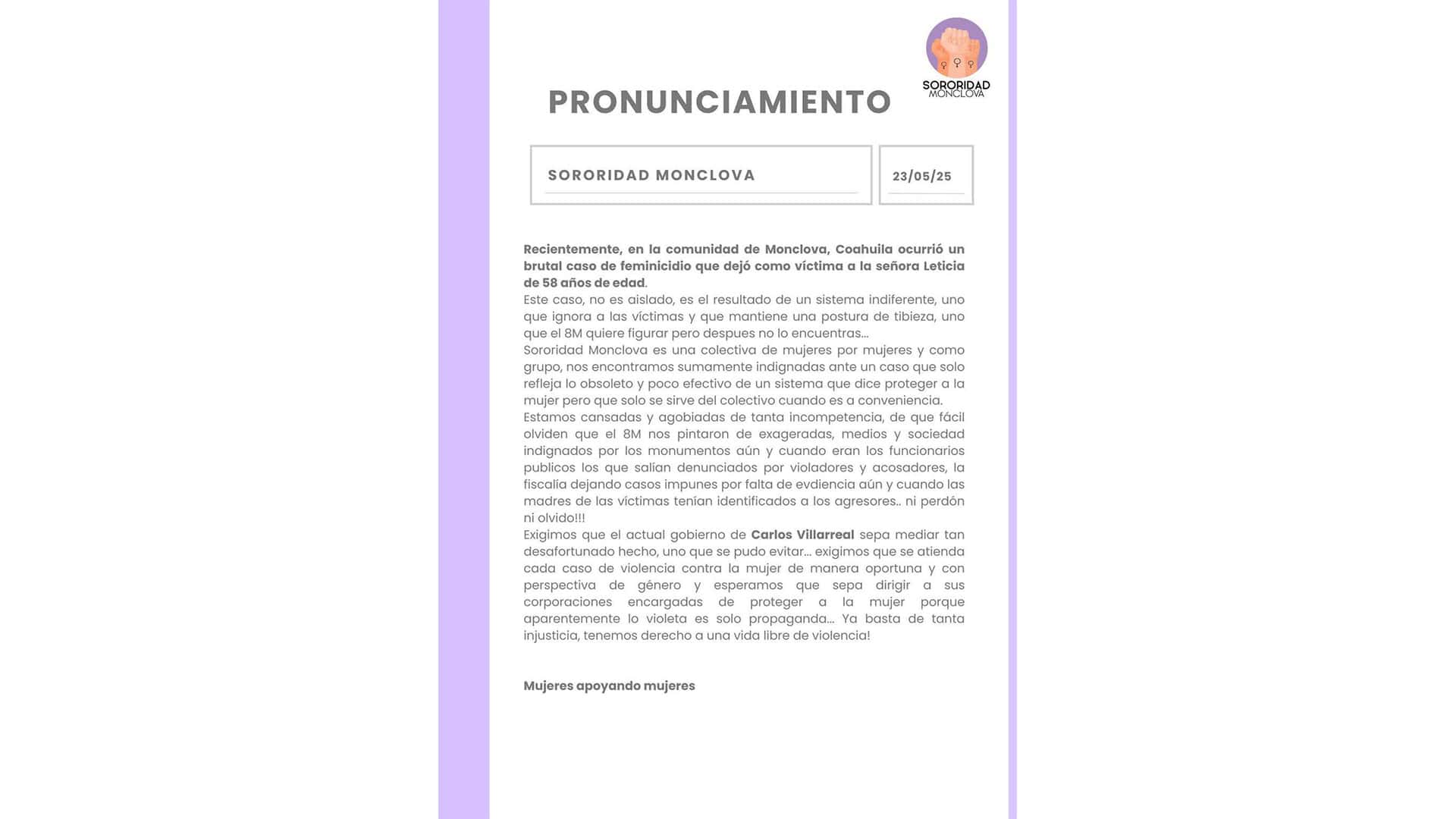 Sororidad Monclova exige justicia y denuncia indiferencia del sistema
