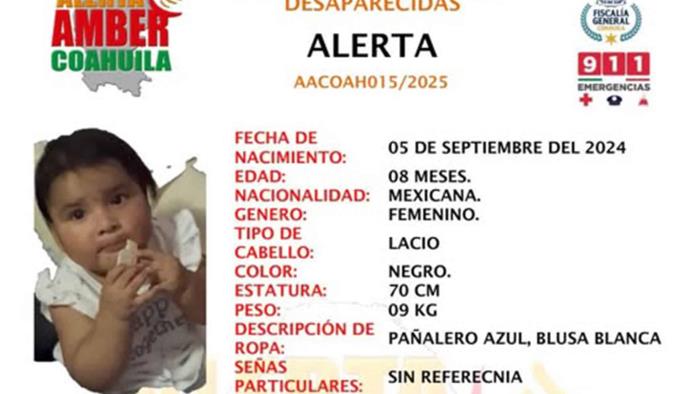 Activan Alerta Amber por desaparición de bebé en Piedras Negras