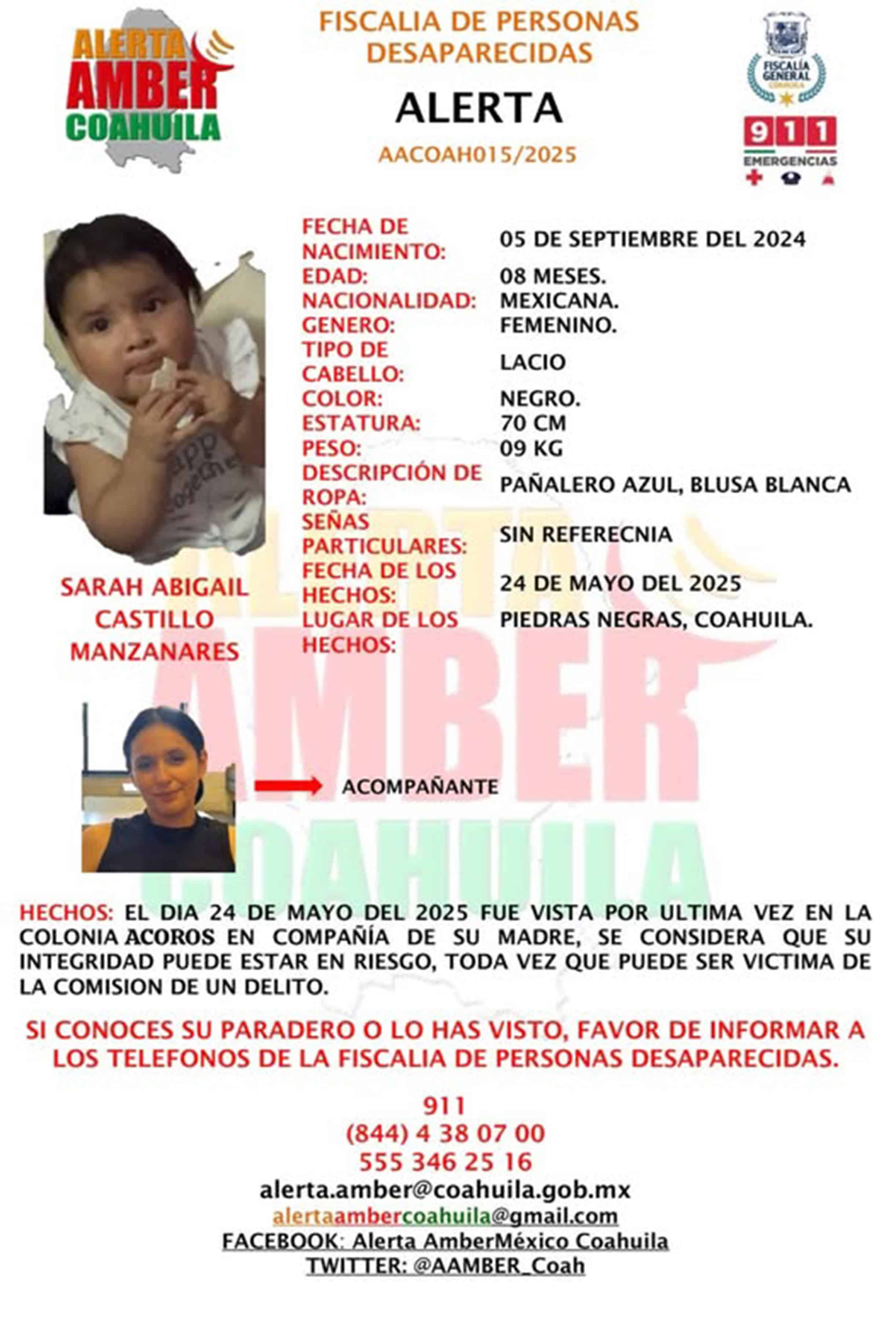 Activan Alerta Amber por desaparición de bebé en Piedras Negras