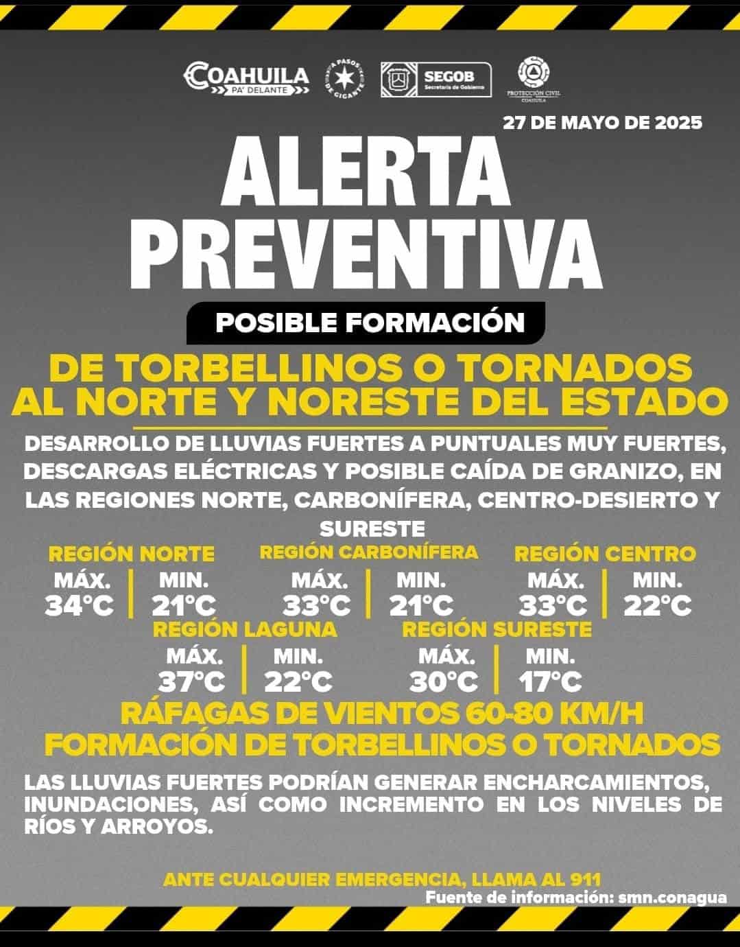 Emiten ALERTA por posible formación de TORNADOS en la región norte de Coahuila