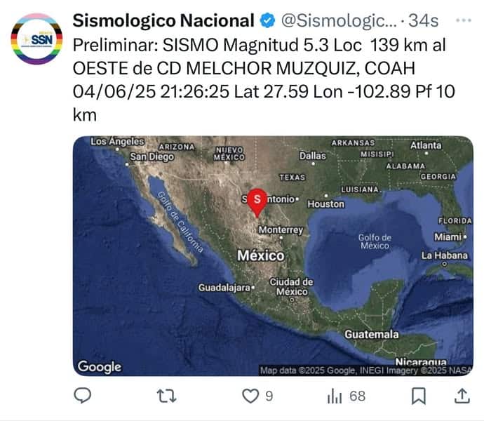 Sismo de magnitud 5.3 sacude el Pueblo Mágico de Múzquiz la noche del miércoles