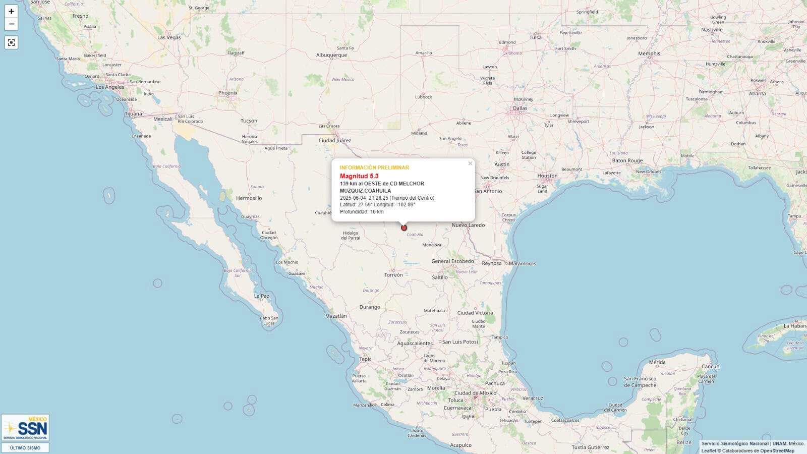 Sismo de magnitud 5.3 sacude el Pueblo Mágico de Múzquiz la noche del miércoles