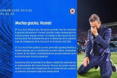 Cruz Azul anuncia salida de Vicente Sánchez tras título de Concachampions