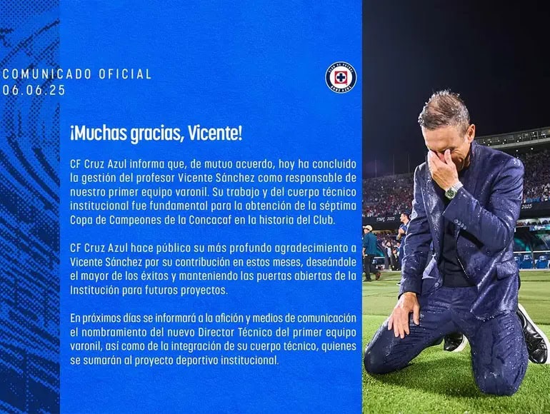 Cruz Azul anuncia salida de Vicente Sánchez tras título de Concachampions