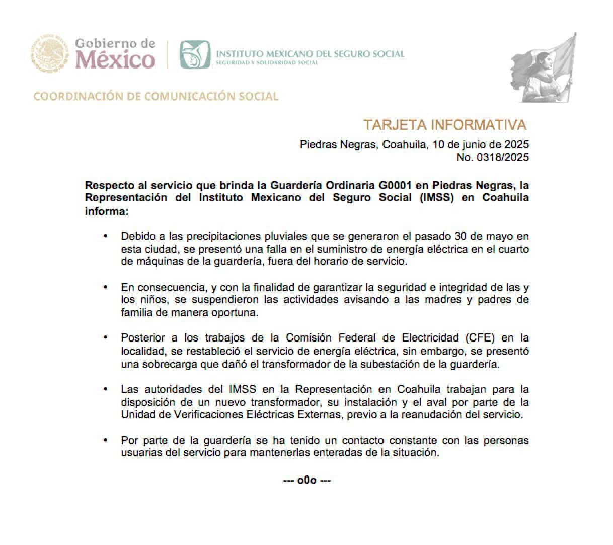 IMSS suspende temporalmente guardería en Piedras Negras por falla eléctrica