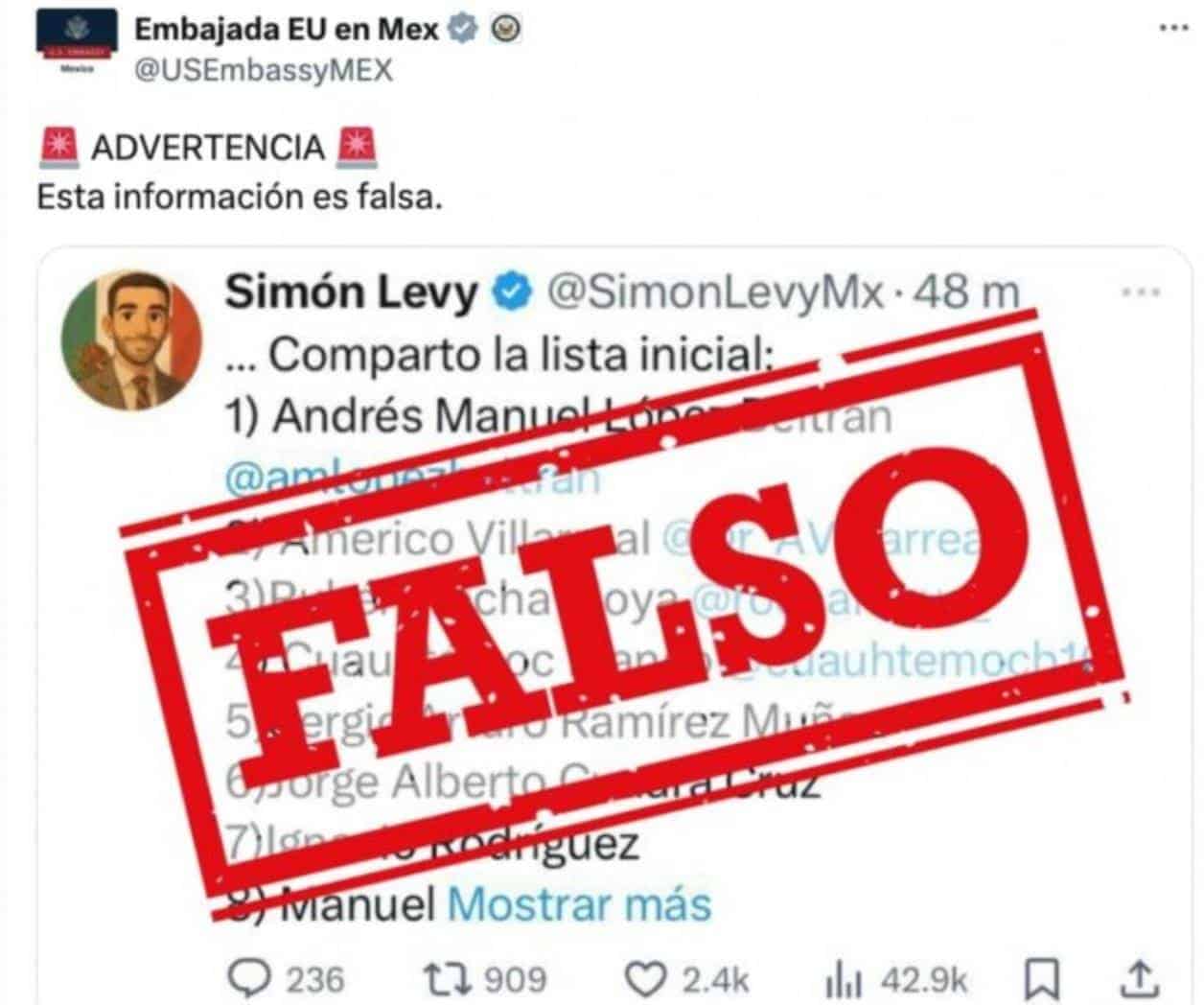 Embajada de Estados Unidos desmiente lista de políticos para investigar
