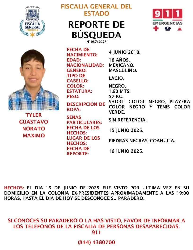 Buscan a Tyler, adolescente desaparecido en Piedras Negras