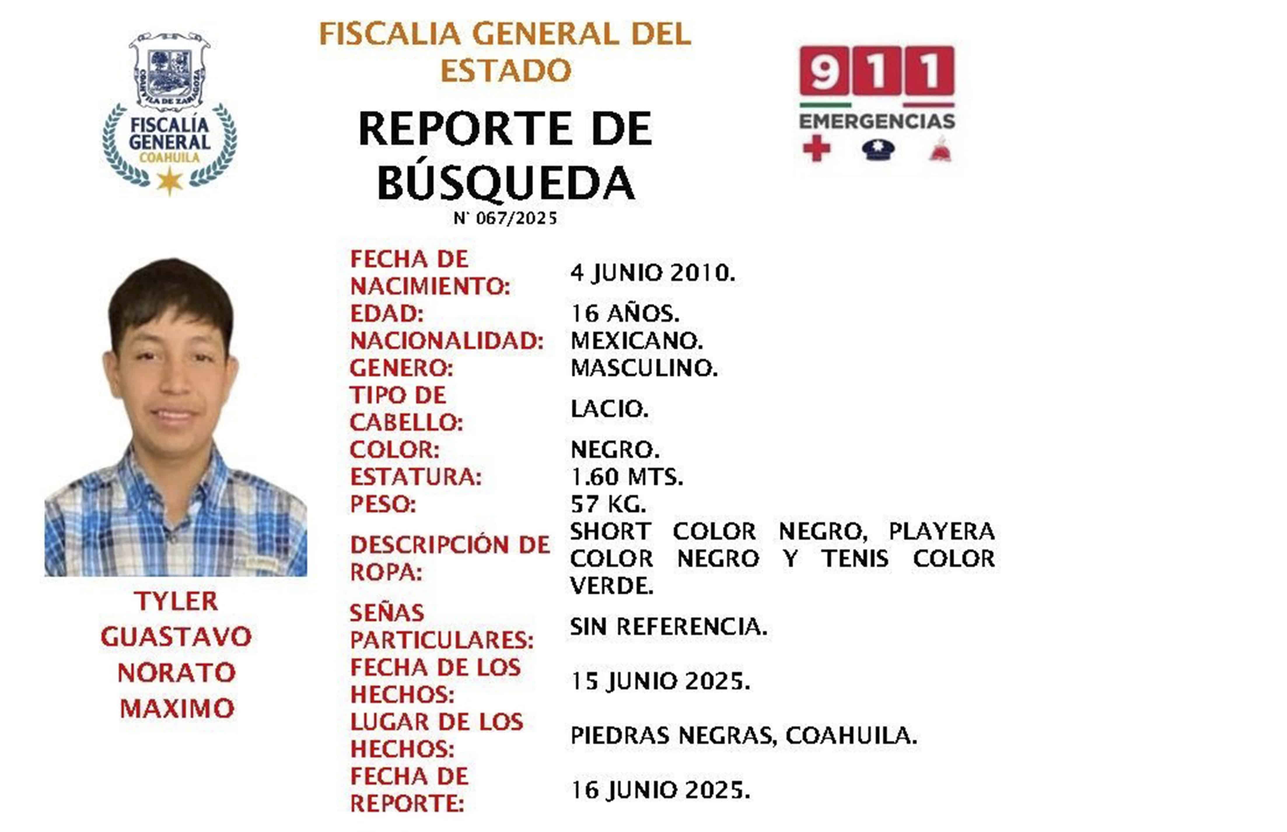 Buscan a Tyler, adolescente desaparecido en Piedras Negras