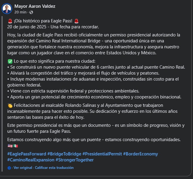 Autoriza Trump Ampliación del puente II de Eagle Pass 