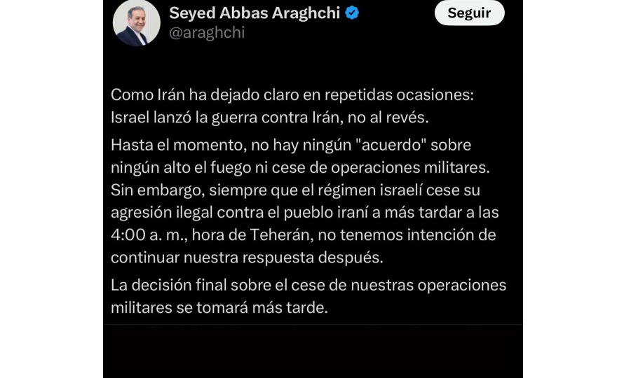 Ministro de Exteriores de Irán niega acuerdo de alto el fuego con Israel