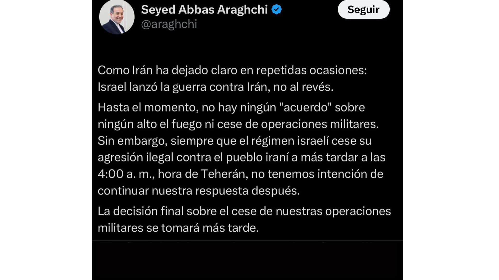 Ministro de Exteriores de Irán niega acuerdo de alto el fuego con Israel