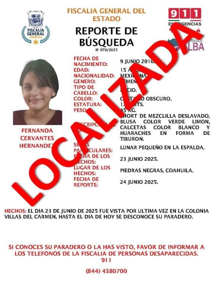 Localizan Sana y Salva a Menor Reportada como Desaparecida en Piedras Negras