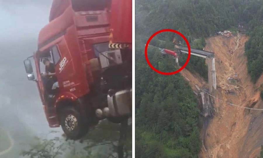 Camión queda colgado tras colapso de puente en China