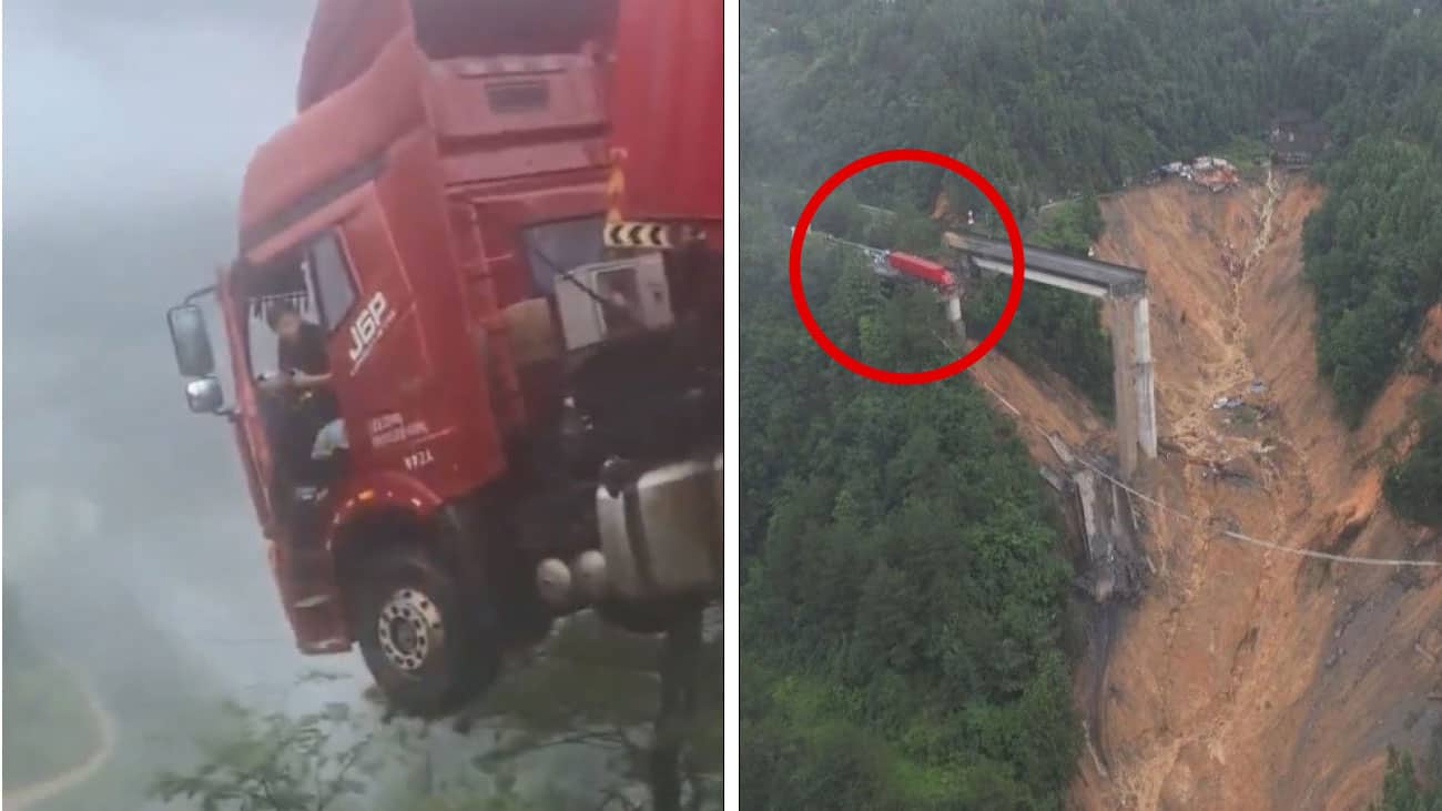 Camión queda colgado tras colapso de puente en China