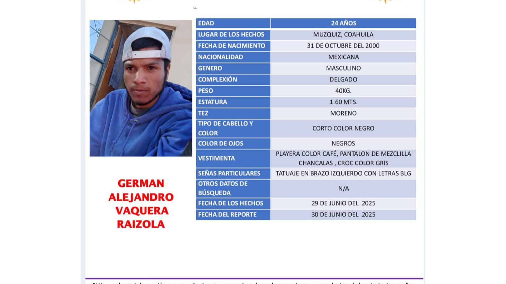 Identifican a Germán N. desaparecido en Melchor Múzquiz