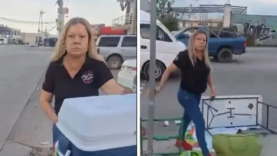 Lady Tamales: Mujer no puede salir de estacionamiento y tira puesto de tamales