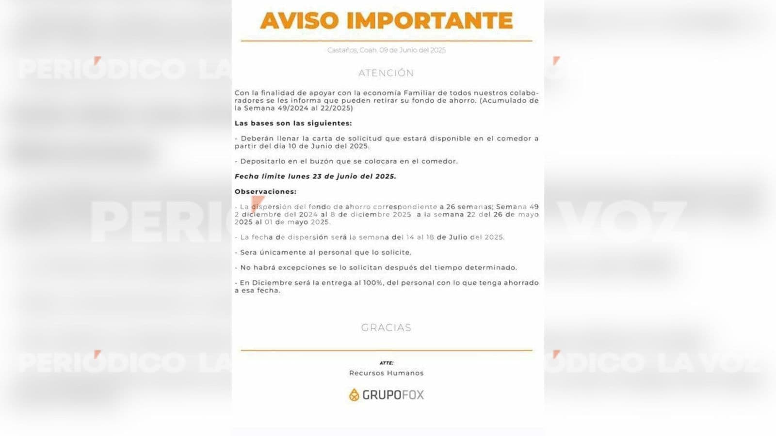 Molestia entre trabajadores de FOX en Castaños por retraso en entrega de fondo de ahorro