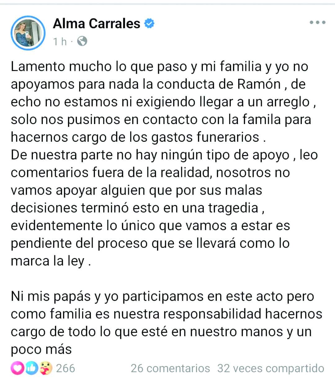 Familia de Ramón se deslinda de sus actos