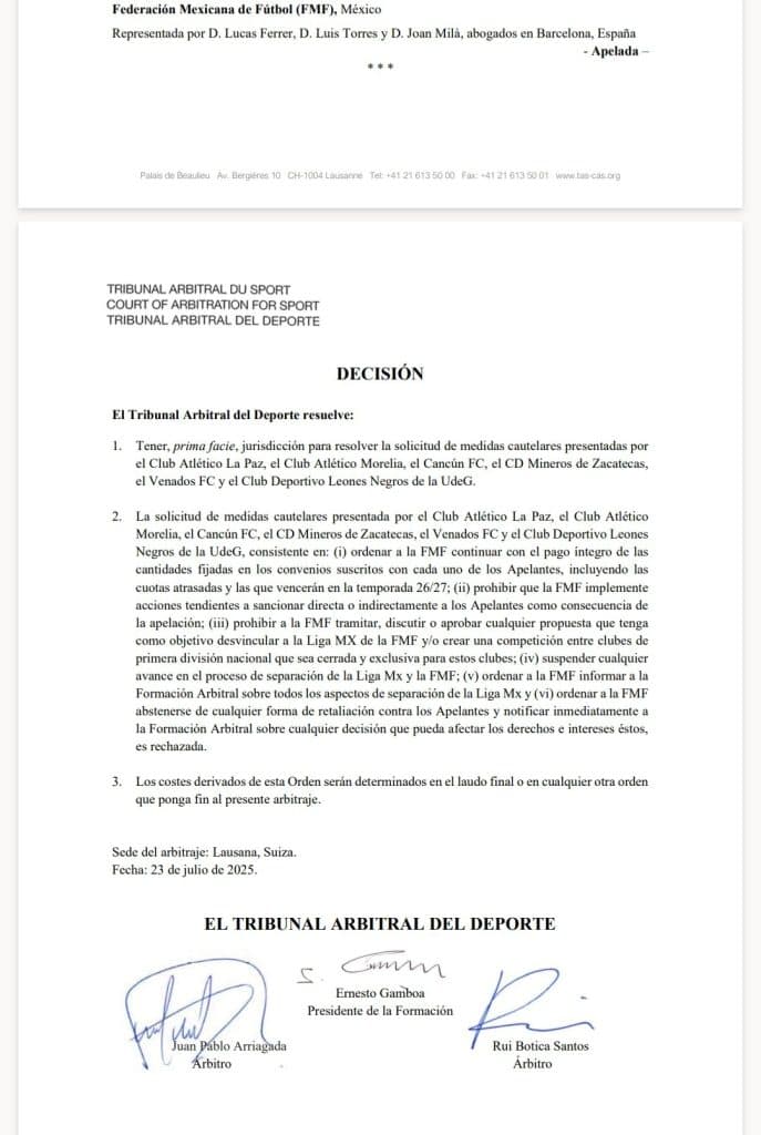 Decisión mixta del TAS en conflicto entre clubes de Liga Expansión y FMF