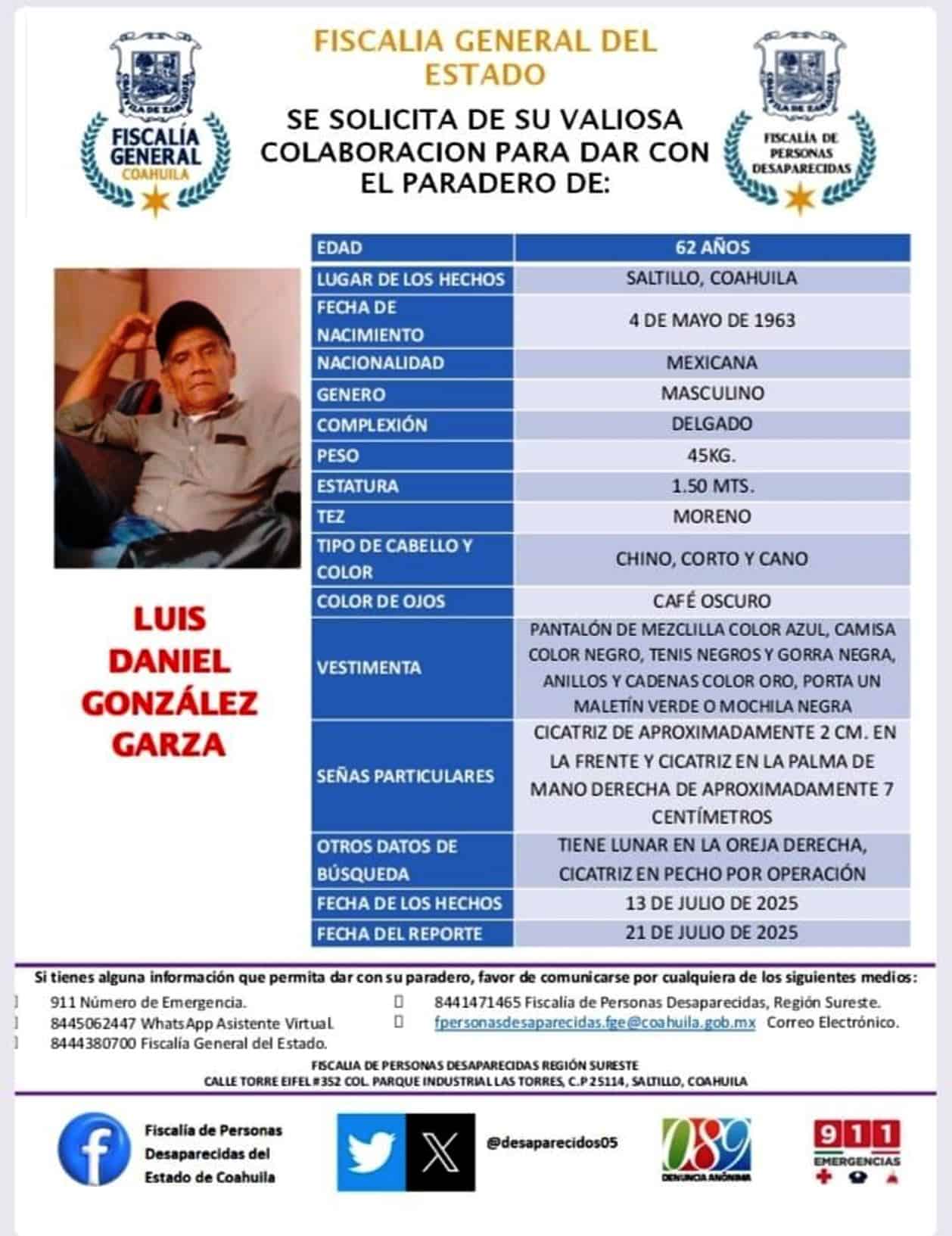 Adolescente y adultos mayores desaparecidos en Saltillo