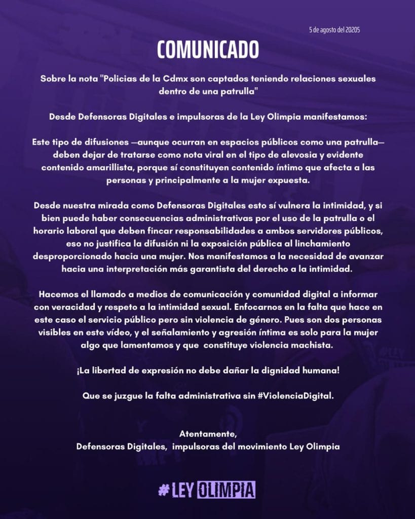 Ley Olimpia podría dar hasta 6 años de cárcel por difundir video íntimo de mujer policía