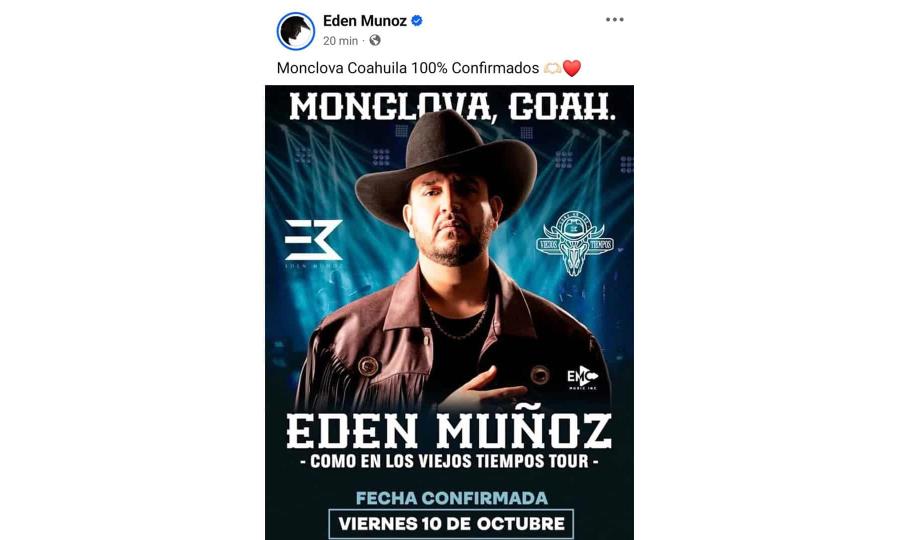 Confirmado: Eden Muñoz en concierto para celebrar aniversario de Monclova