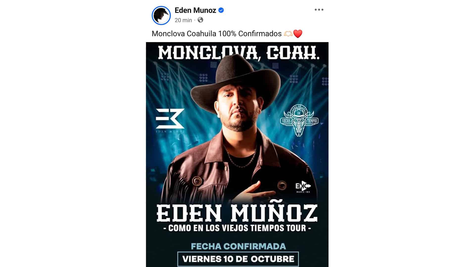 Confirmado: Eden Muñoz en concierto para celebrar aniversario de Monclova